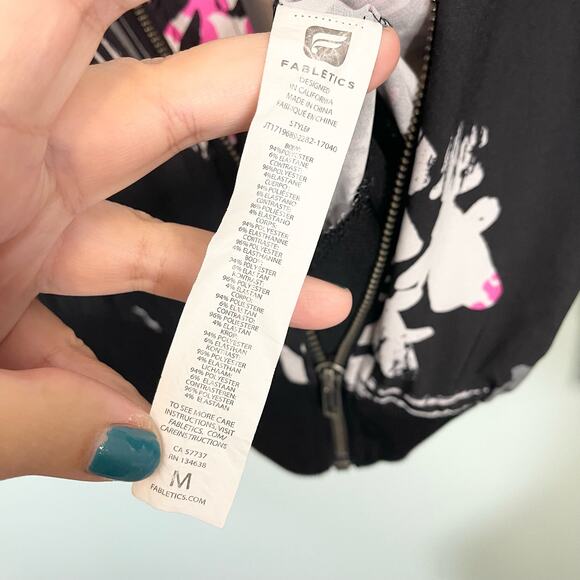 Fabletics Black Zip Up Bomber Black & Pink Floral Jacket Size M - Picture 2 of 7